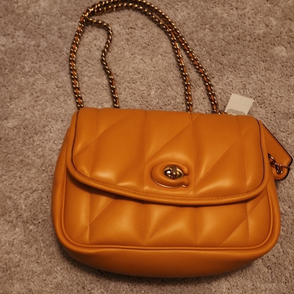 Coach Madison Logo Closure Quilted Pillow Leather Shoulder Bag - Papaya color